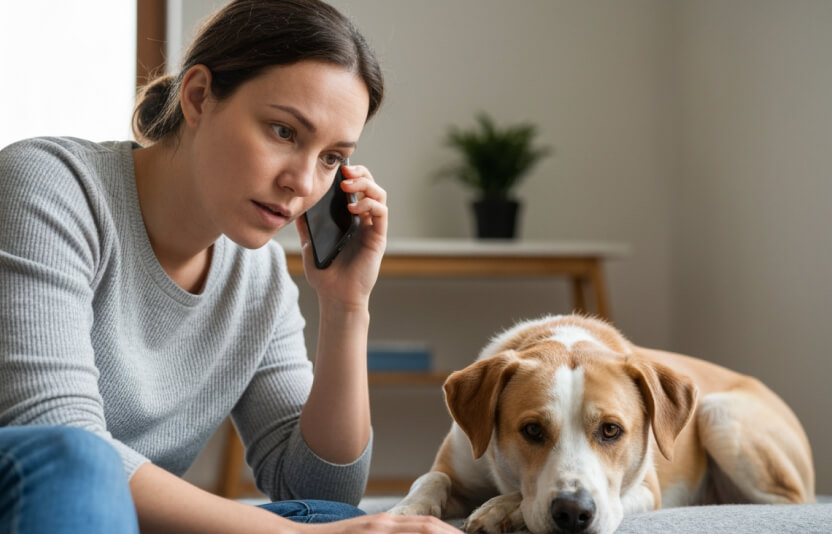 хозяин звонит по телефону, рядом лежит собака